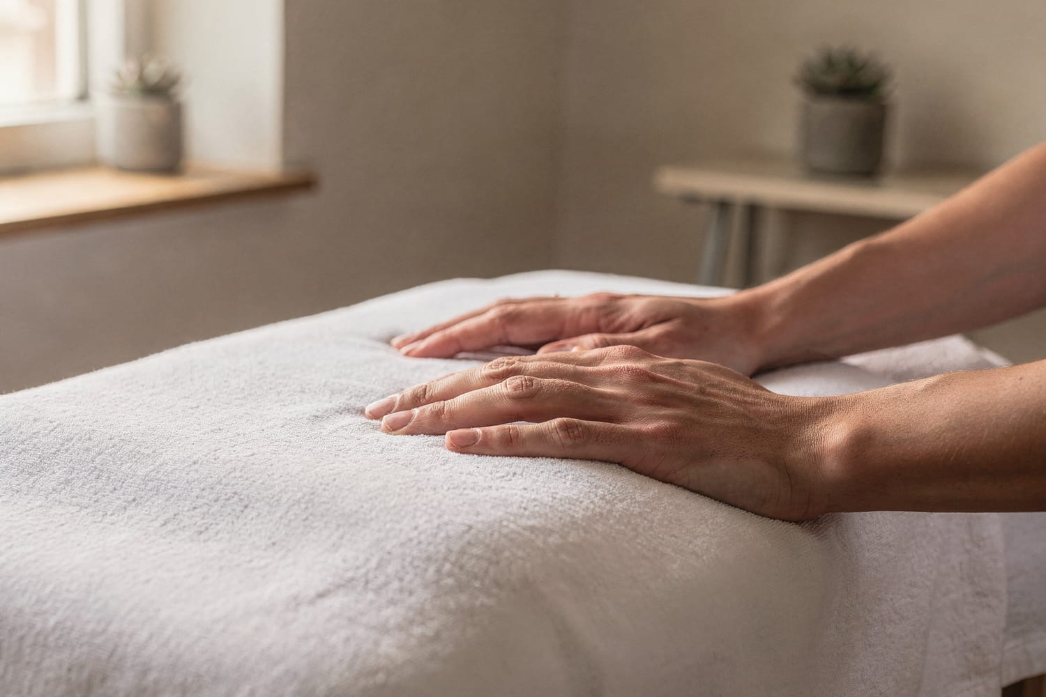 A chiropractor’s hands resting on a treatment table in a warm, calm treatment room.